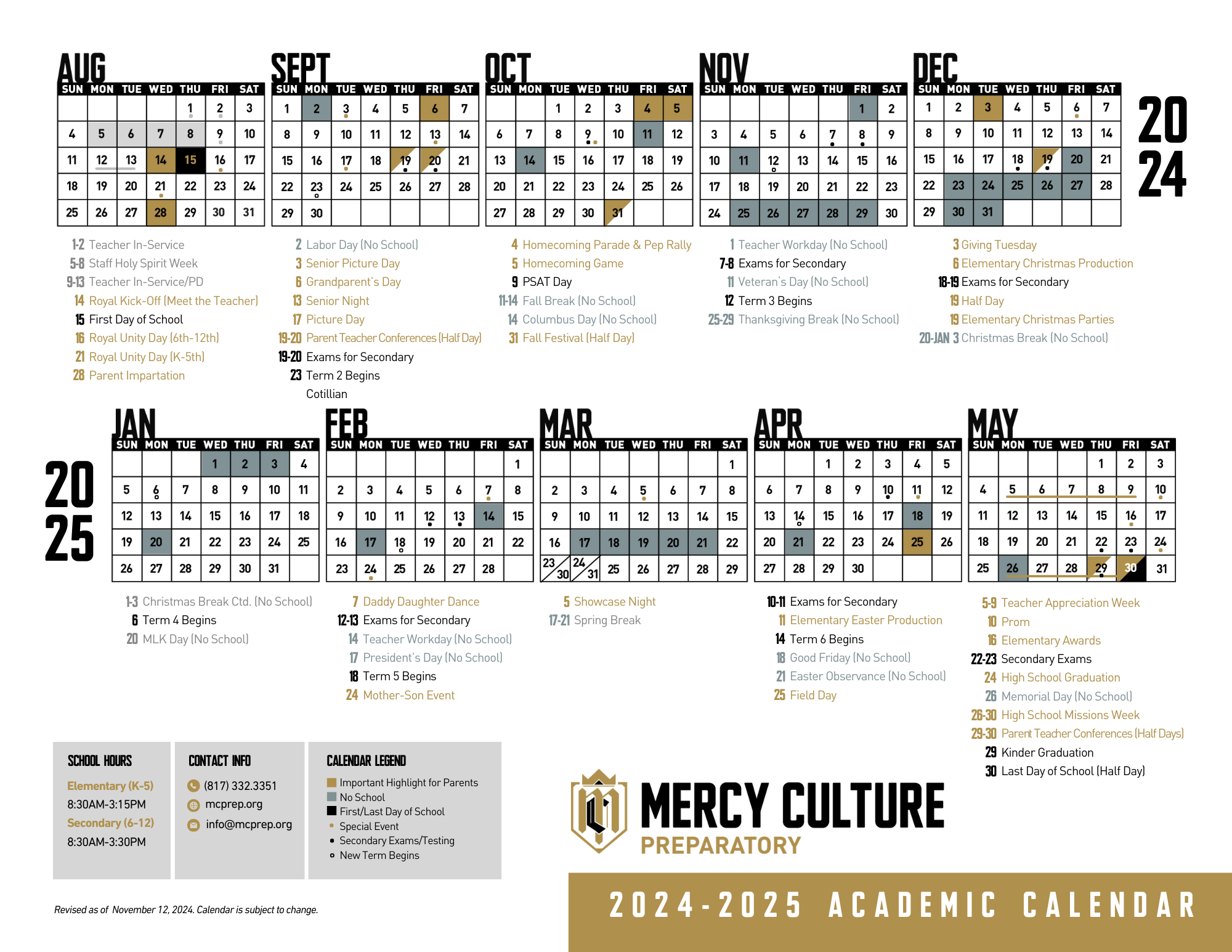 Academic Calendar - Mercy Culture Preparatory